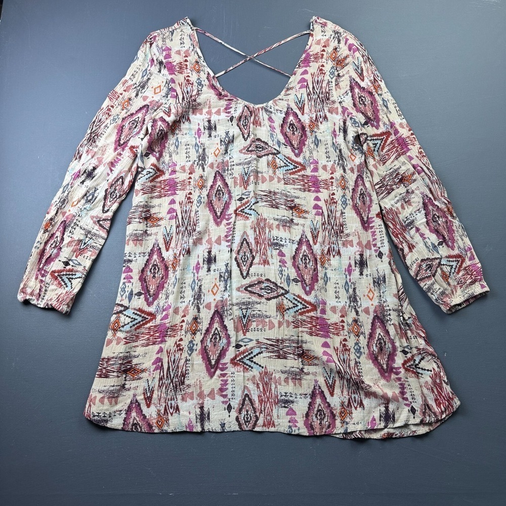 Billabong Women's Large Multicolor Aztec Long Sleeve Rayon Boho Beach Blouse Top
